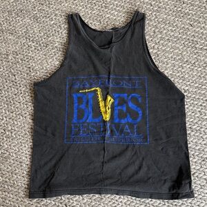 Vintage Black Tank Top with Blue & Yellow Saxophone Festival Graphic